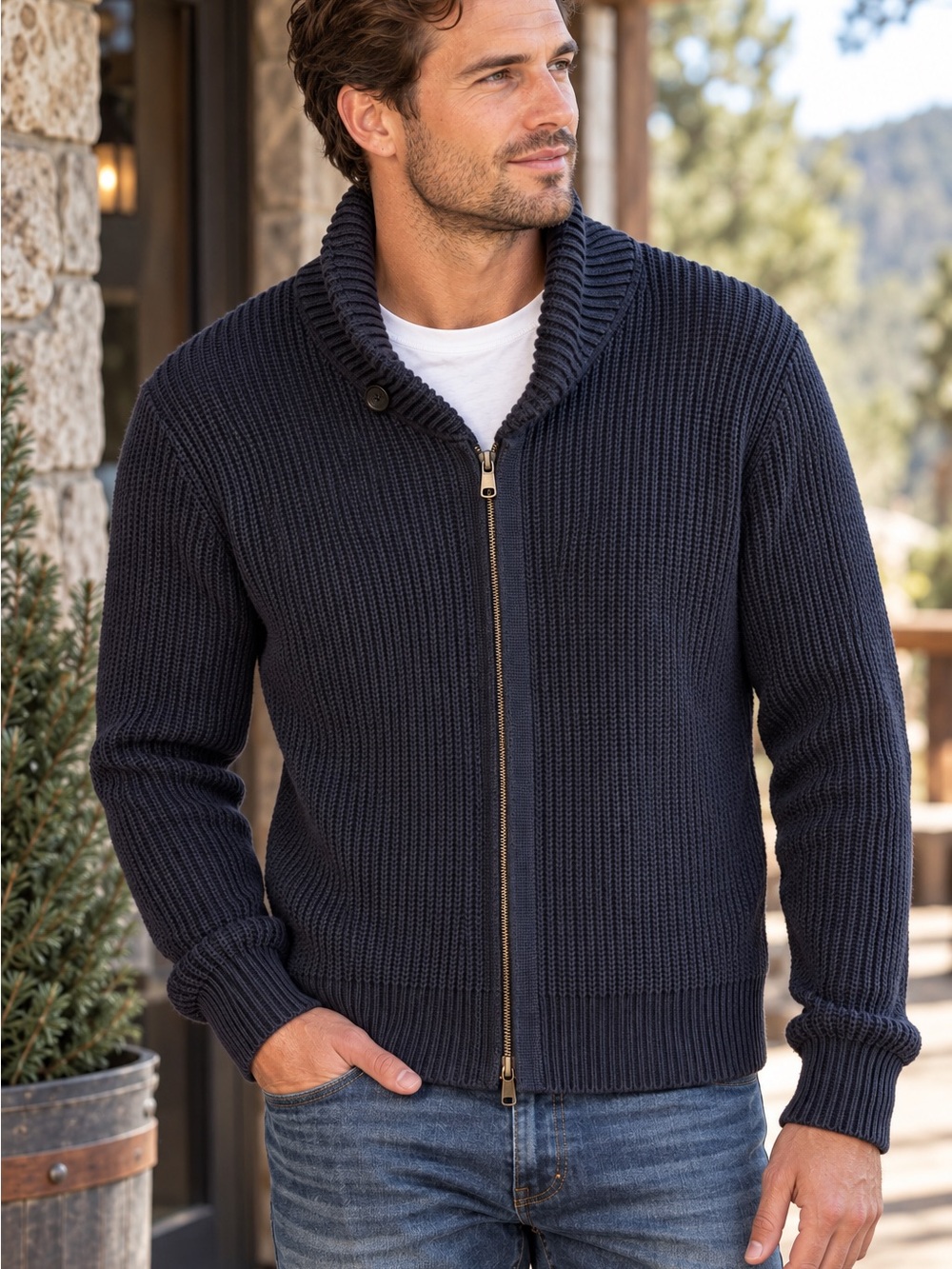 Banana Republic Men's Navy Ribbed Shawl-Collar Zip Sweater